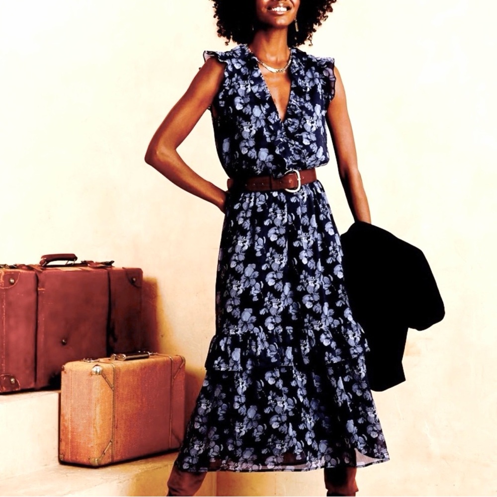 NWT Banana Republic Blue Floral Midi Dress Ruffle Flutter Sleeve Tiered Size XS